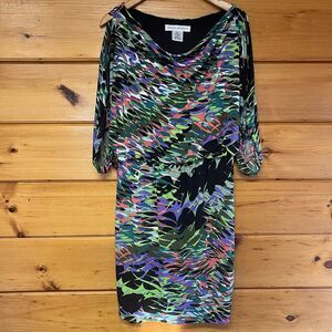 Maggy London Multicolor Abstract Print Midi Dress - Black, Green, Purple